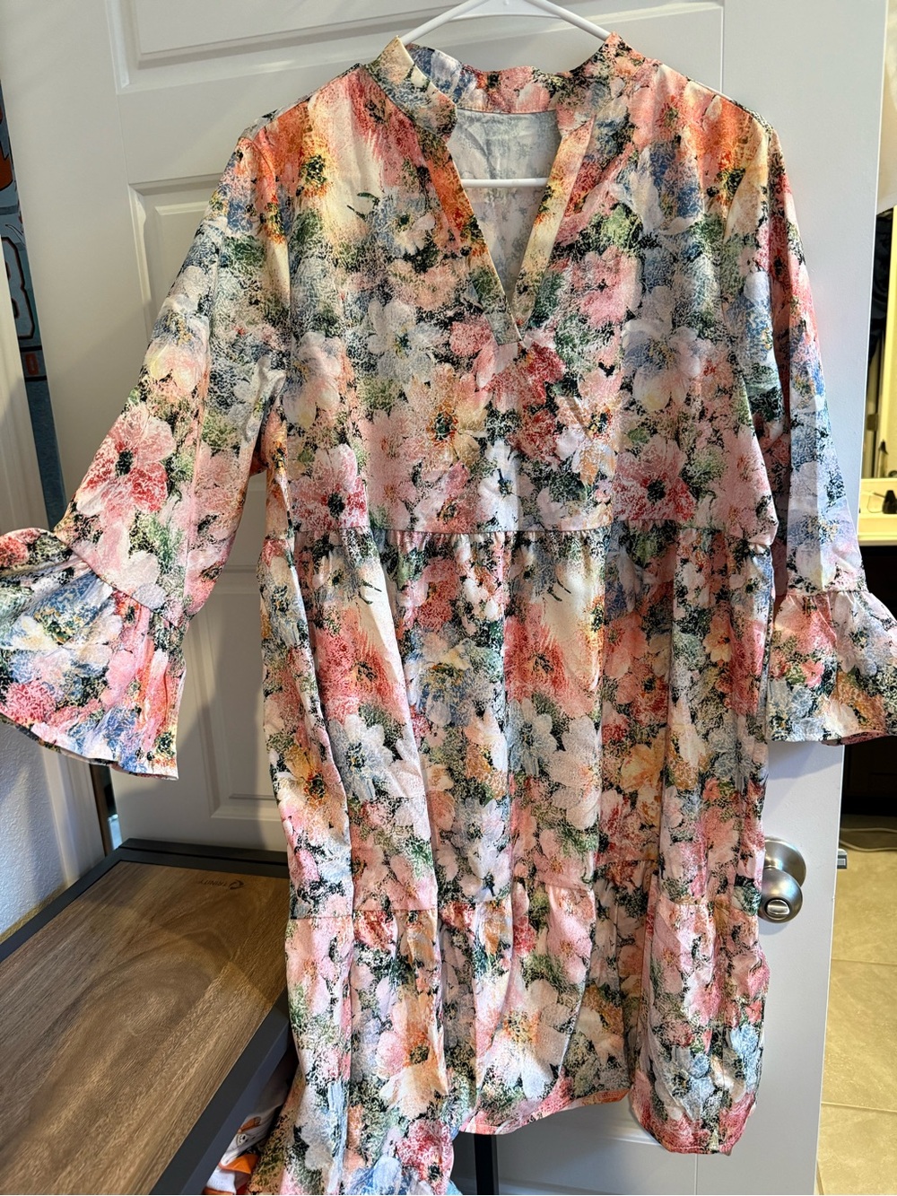 SHEIN Pink & Cream Floral Tiered Casual Dress